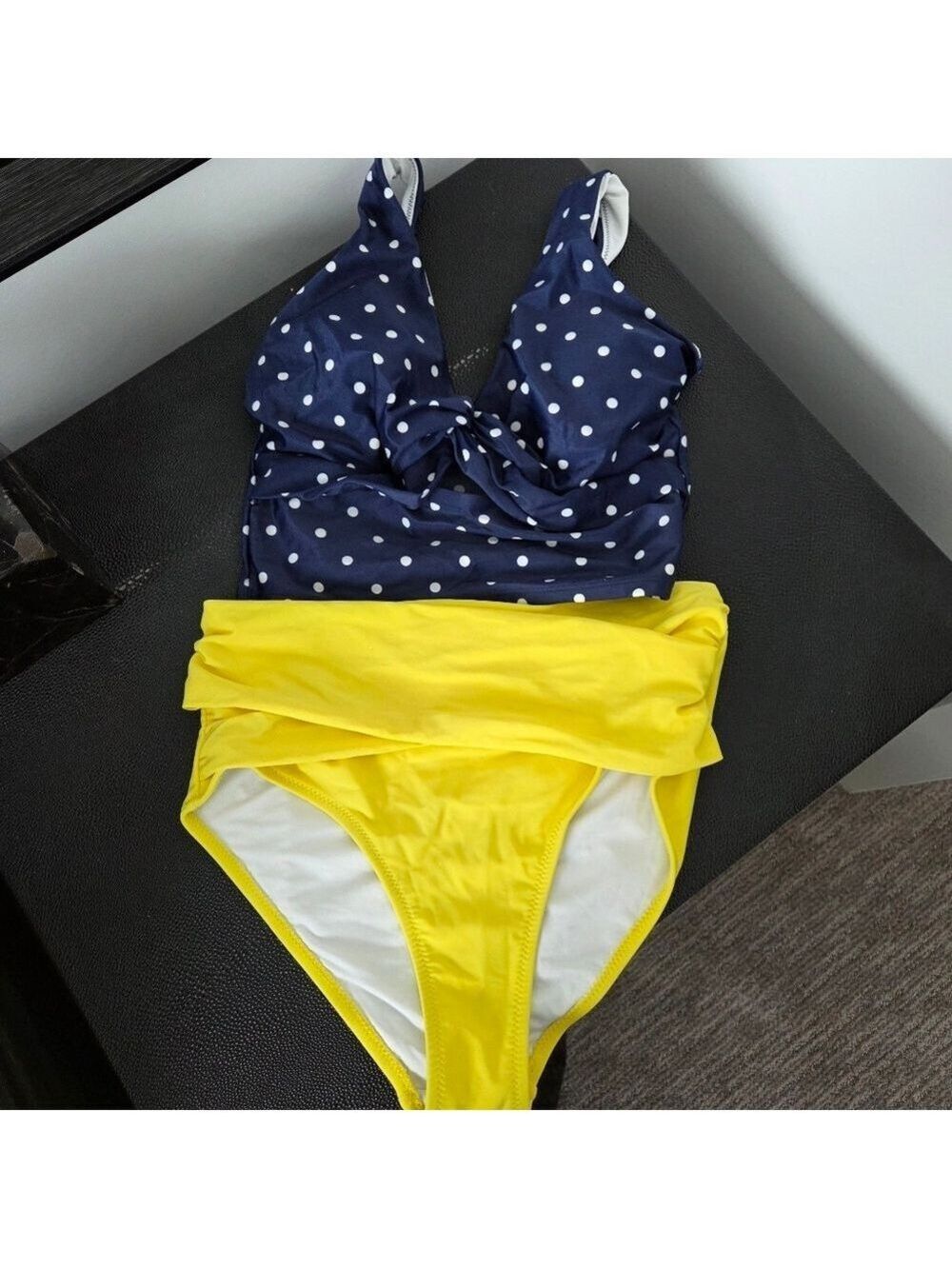 Old Navy Navy Polka Dot Bikini Top with Yellow Bottoms